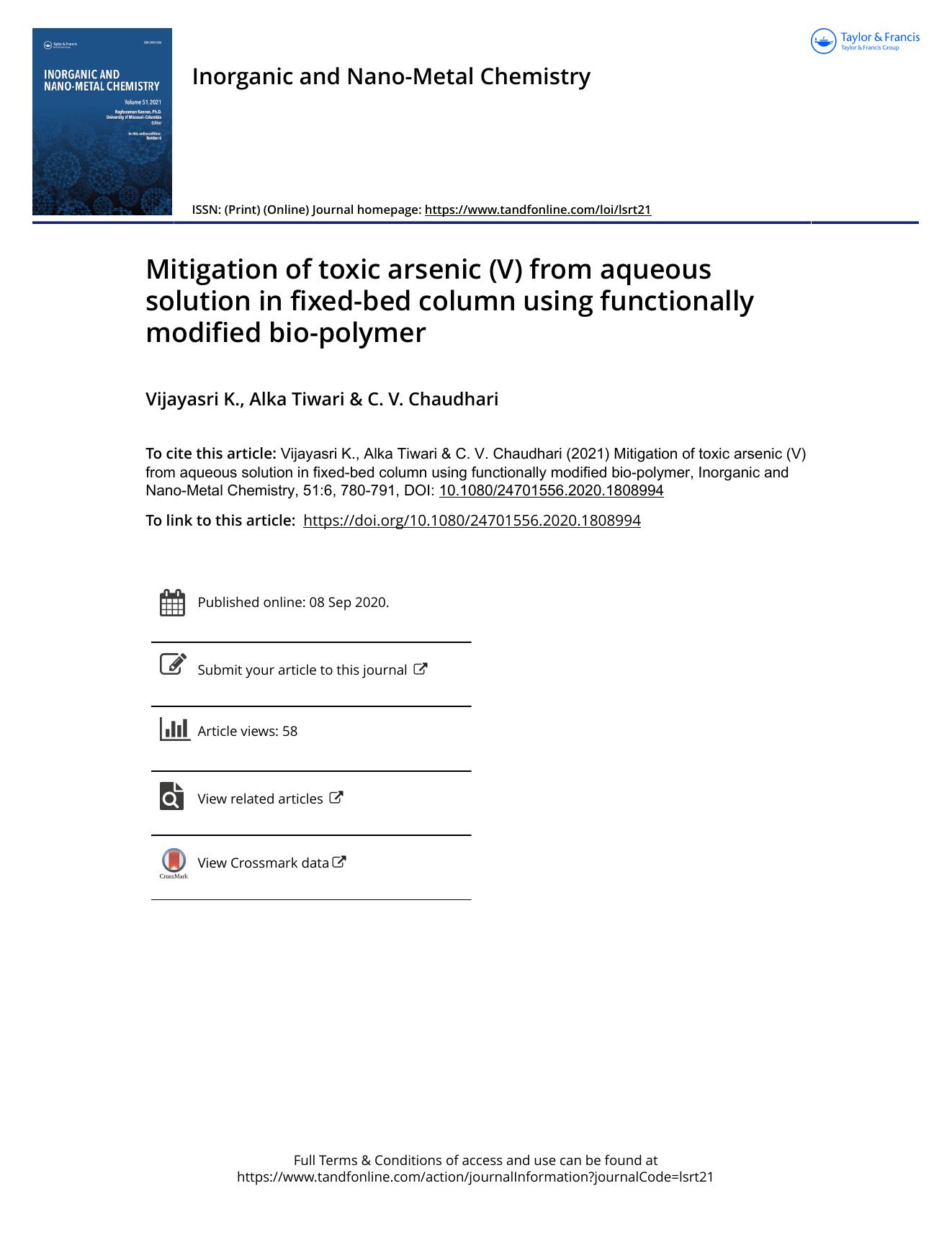 Mitigation of toxic arsenic (V) from aqueous solution in fixed-bed column using functionally modified bio-polymer by K. Vijayasri & Tiwari Alka & Chaudhari C. V