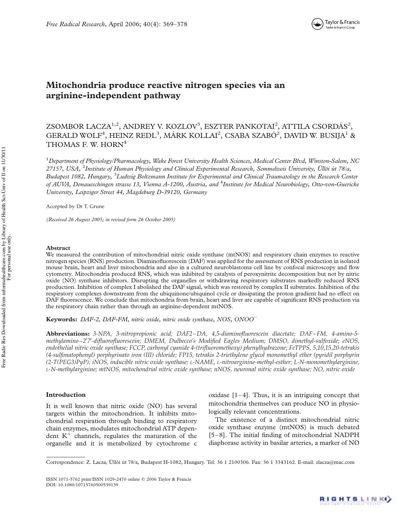 Mitochondria produce reactive nitrogen species via an arginine-independent pathway by unknow