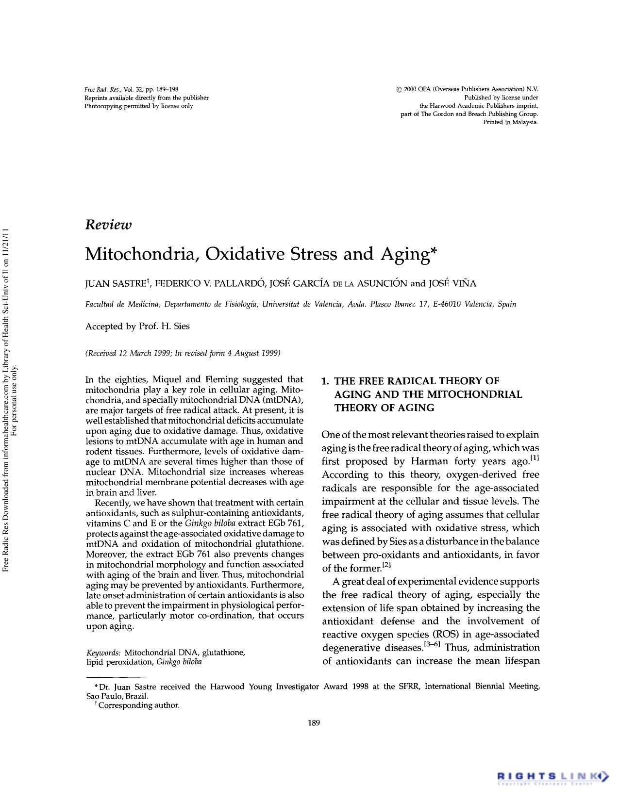 Mitochondria, oxidative stress and aging by Juan Sastre Federico V. Pallardó José García de la Asunción & José Viña