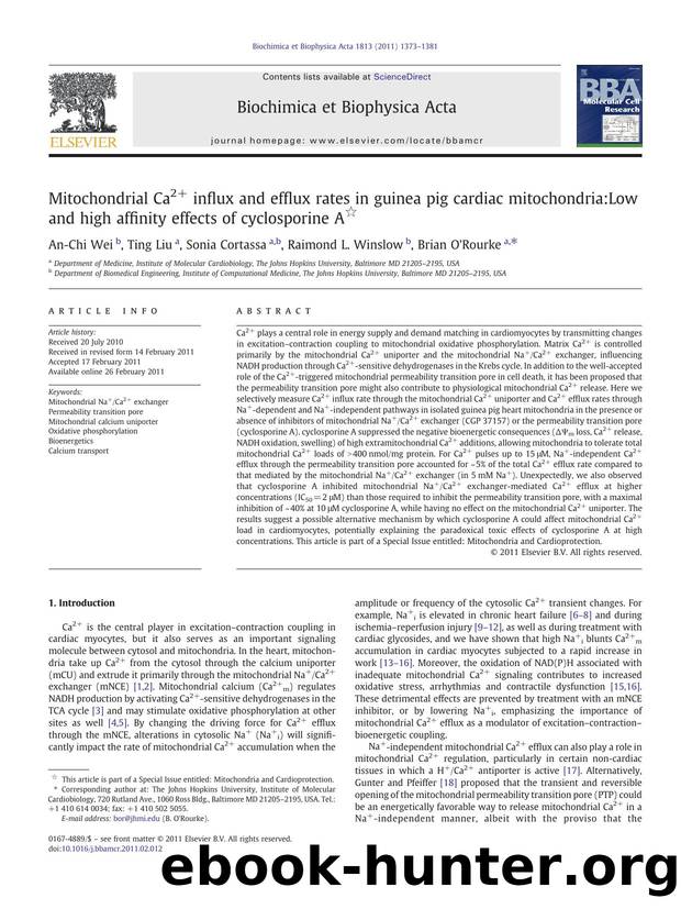 Mitochondrial Ca2+ influx and efflux rates in guinea pig cardiac mitochondria:Low and high affinity effects of cyclosporine A by An-Chi Wei & Ting Liu & Sonia Cortassa & Raimond L. Winslow & Brian O'Rourke