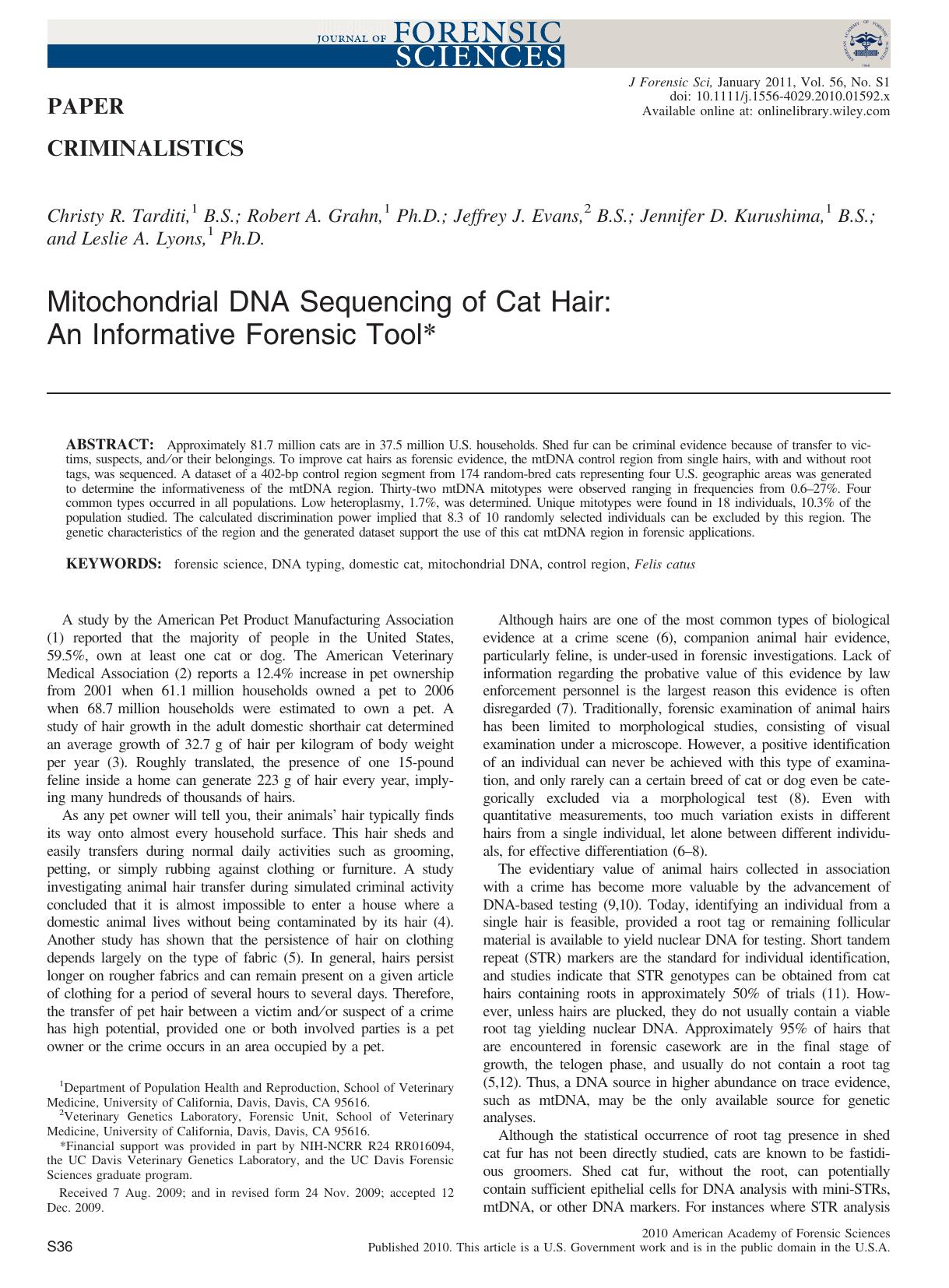 Mitochondrial DNA Sequencing of Cat Hair: An Informative Forensic Tool by Unknown