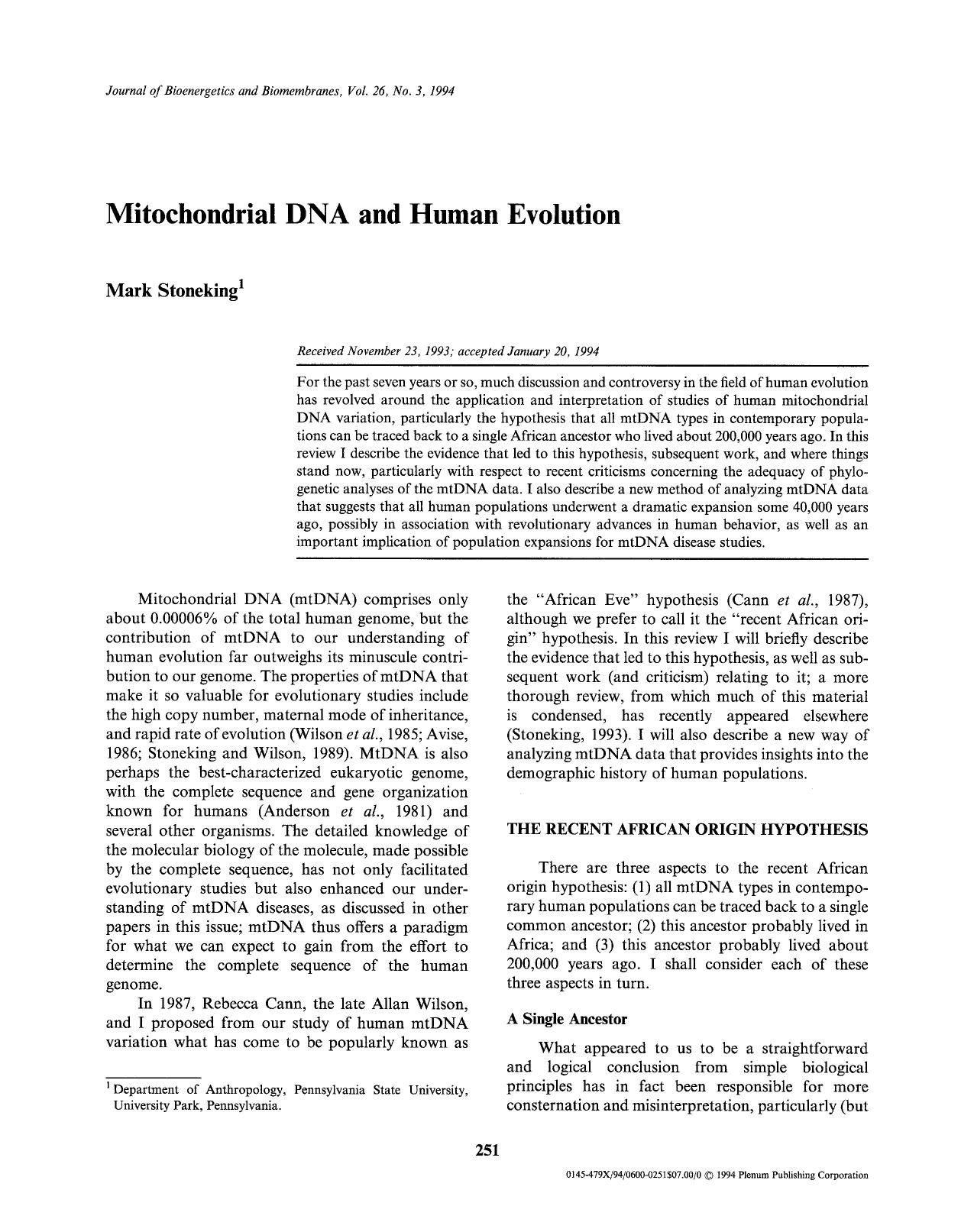 Mitochondrial DNA and human evolution by Unknown