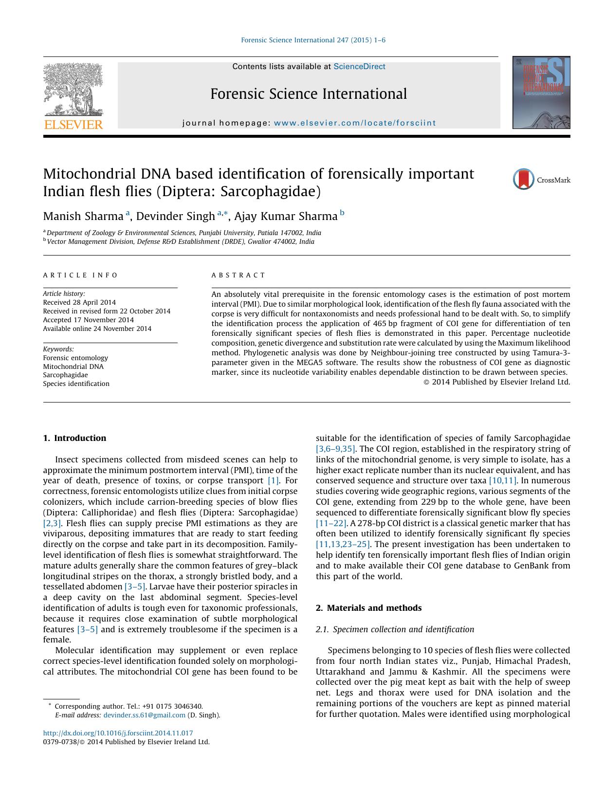 Mitochondrial DNA based identification of forensically important Indian flesh flies (Diptera: Sarcophagidae) by Manish Sharma & Devinder Singh & Ajay Kumar Sharma