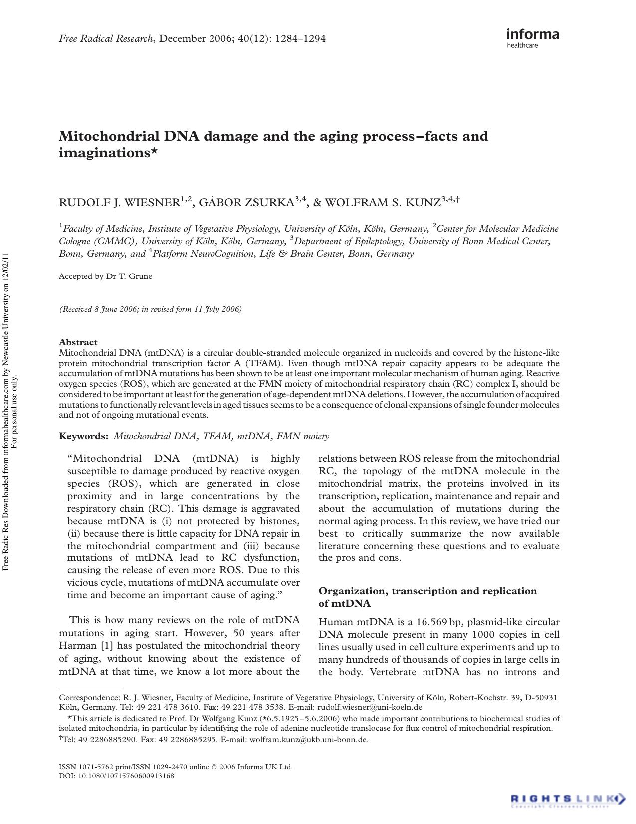 Mitochondrial DNA damage and the aging processâfacts and imaginations* by unknow