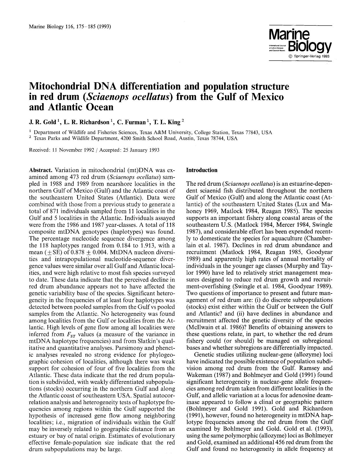 Mitochondrial DNA differentiation and population structure in red drum (<Emphasis Type="Italic">Sciaenops ocellatus<Emphasis>) from the Gulf of Mexico and Atlantic Ocean by Unknown