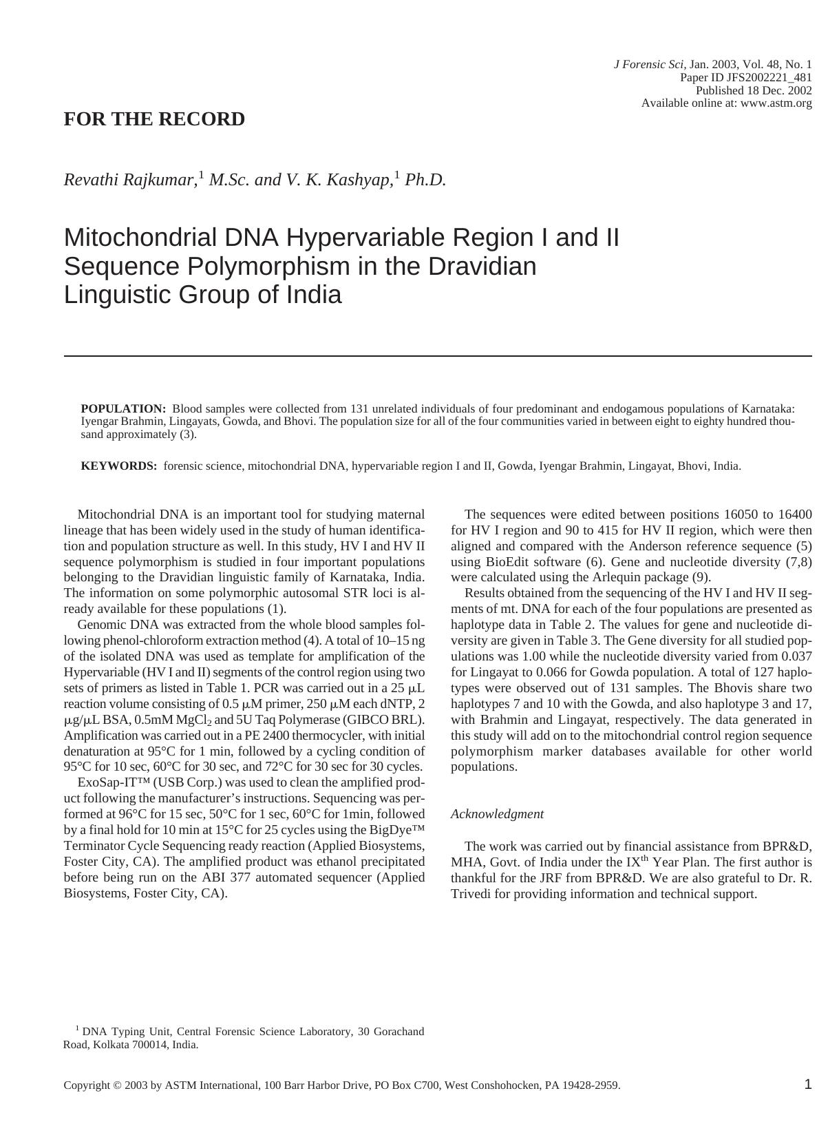 Mitochondrial DNA hypervariable Region I and II sequence polymorphism in the Dravidian linguisitic group of India by Rajkumar R Kashyap VK