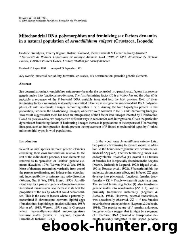 Mitochondrial DNA polymorphism and feminizing sex factors dynamics in a natural population of  <Emphasis Type="Italic">Armadillidium vulgare <Emphasis> (Crustacea, Isopoda) by Unknown