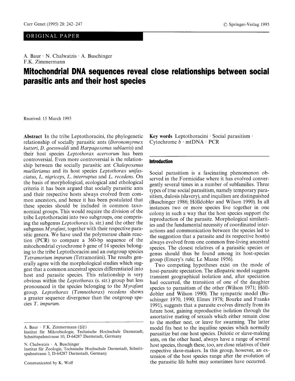 Mitochondrial DNA sequences reveal close relationships between social parasitic ants and their host species by Unknown