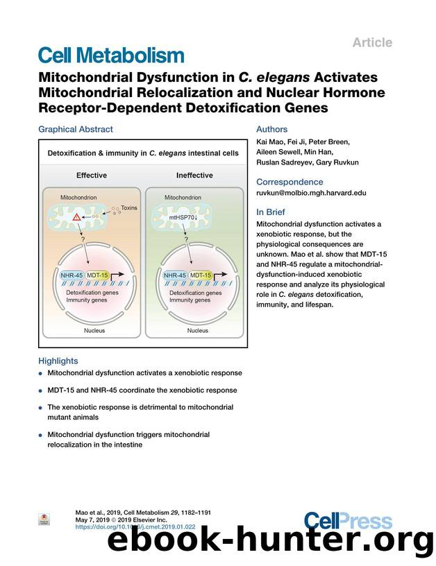 Mitochondrial Dysfunction in C.&nbsp;elegans Activates Mitochondrial Relocalization and Nuclear Hormone Receptor-Dependent Detoxification Genes by Kai Mao & Fei Ji & Peter Breen & Aileen Sewell & Min Han & Ruslan Sadreyev & Gary Ruvkun