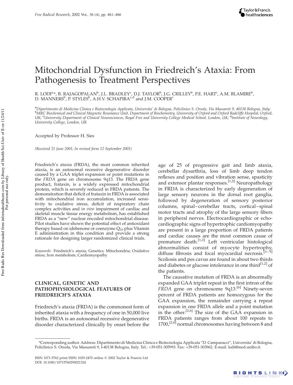 Mitochondrial Dysfunction in Friedreich's Ataxia: From Pathogenesis to Treatment Perspectives by unknow