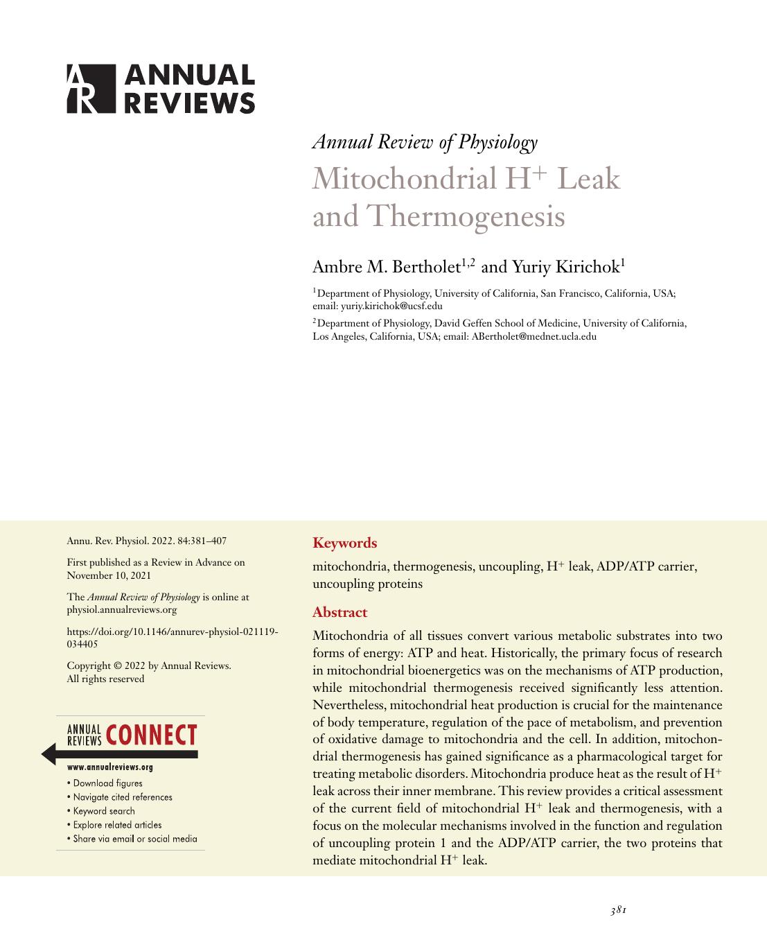 Mitochondrial H+ Leak and Thermogenesis by Ambre M. Bertholet and Yuriy Kirichok