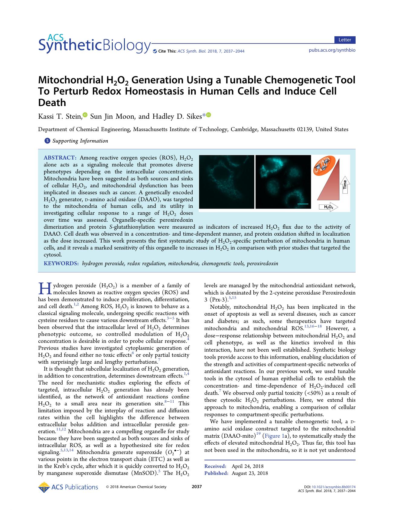 Mitochondrial H2O2 Generation Using a Tunable Chemogenetic Tool To Perturb Redox Homeostasis in Human Cells and Induce Cell Death by Kassi T. Stein Sun Jin Moon and Hadley D. Sikes