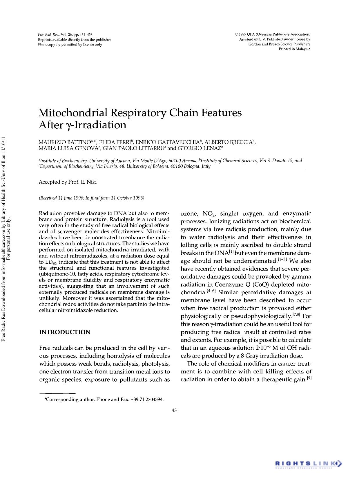 Mitochondrial Respiratory Chain Features After Î³-Irradiation by unknow