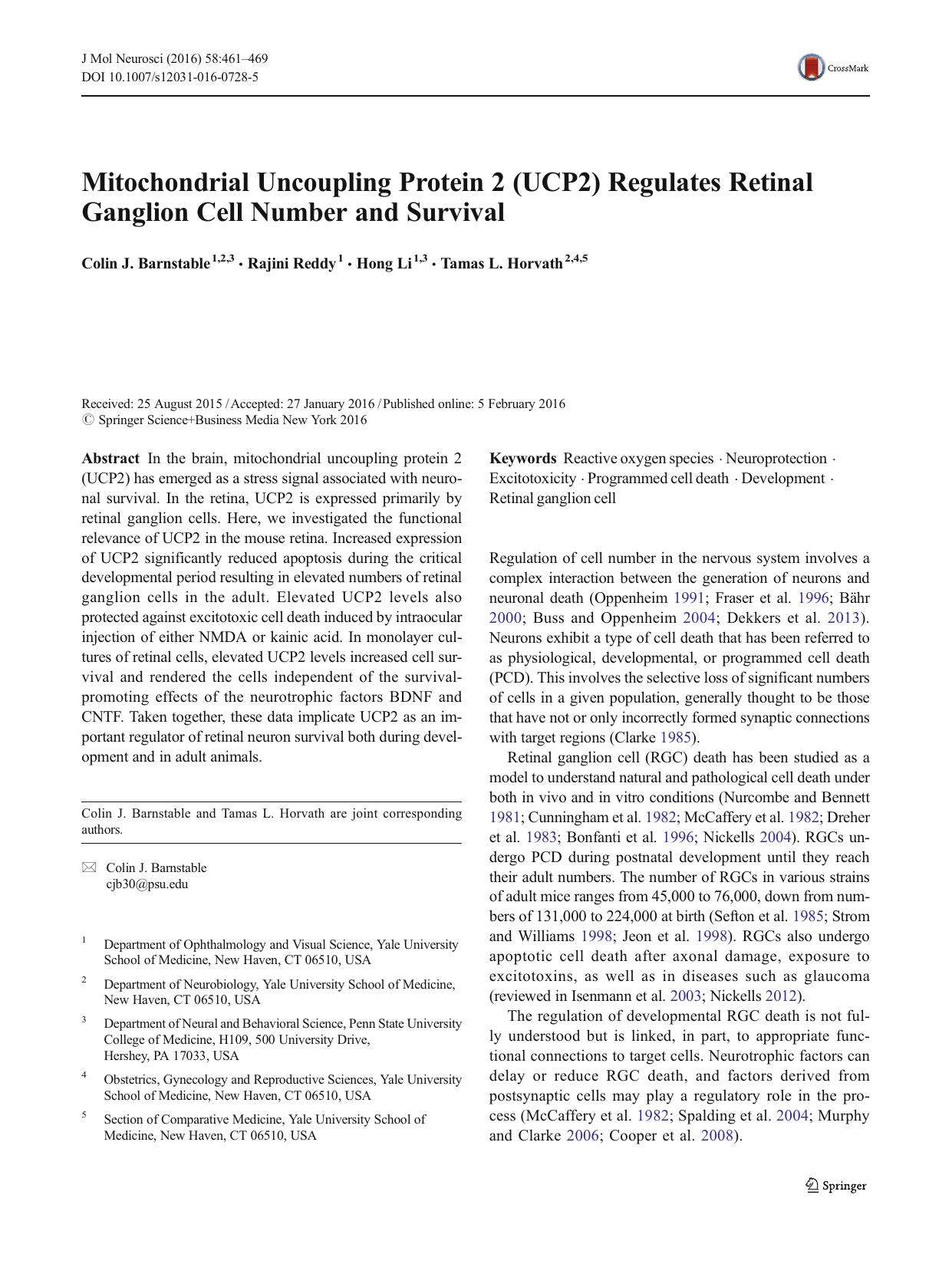 Mitochondrial Uncoupling Protein 2 (UCP2) Regulates Retinal Ganglion Cell Number and Survival by Colin J. Barnstable & Rajini Reddy & Hong Li & Tamas L. Horvath