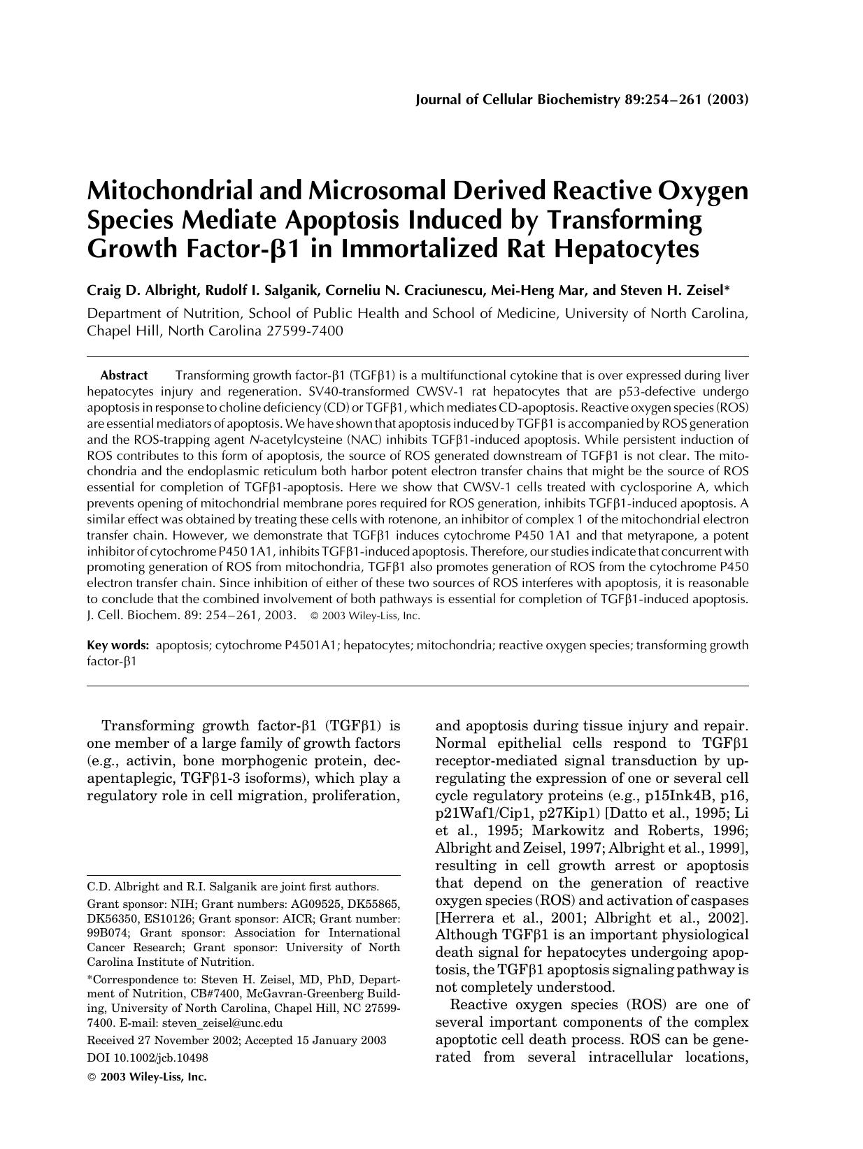 Mitochondrial and microsomal derived reactive oxygen species mediate apoptosis induced by transforming growth factor-[beta]1 in immortalized rat hepatocytes by Unknown
