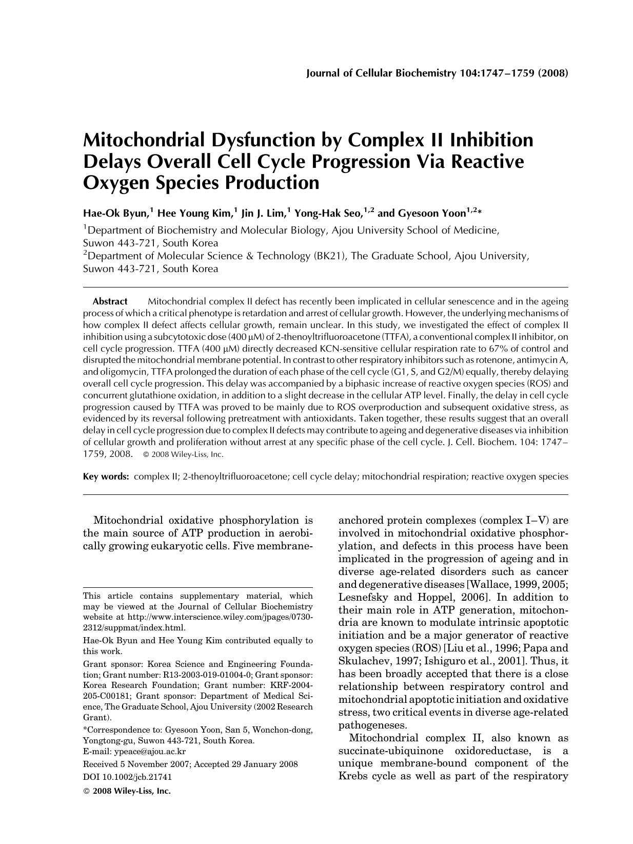 Mitochondrial dysfunction by complex II inhibition delays overall cell cycle progression via reactive oxygen species production by Unknown
