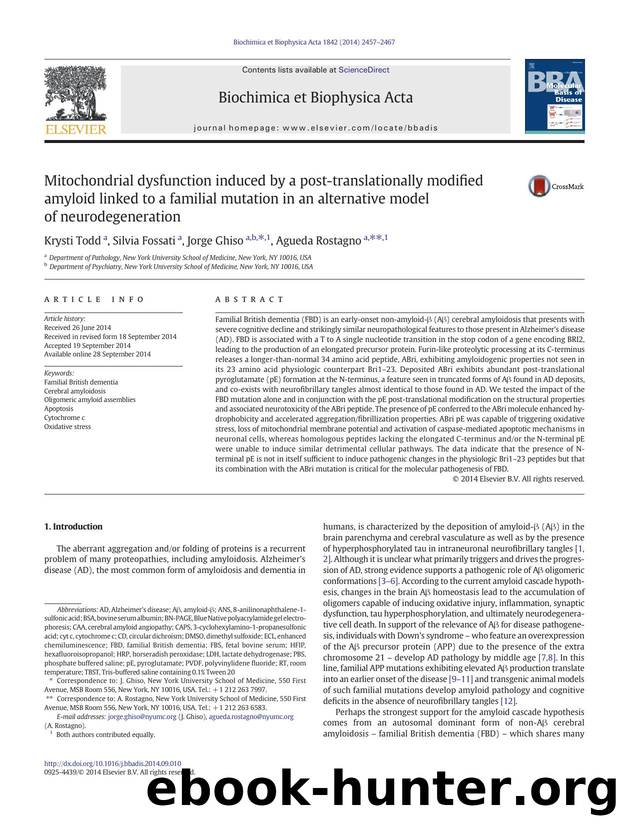 Mitochondrial dysfunction induced by a post-translationally modified amyloid linked to a familial mutation in an alternative model of neurodegeneration by Krysti Todd & Silvia Fossati & Jorge Ghiso & Agueda Rostagno