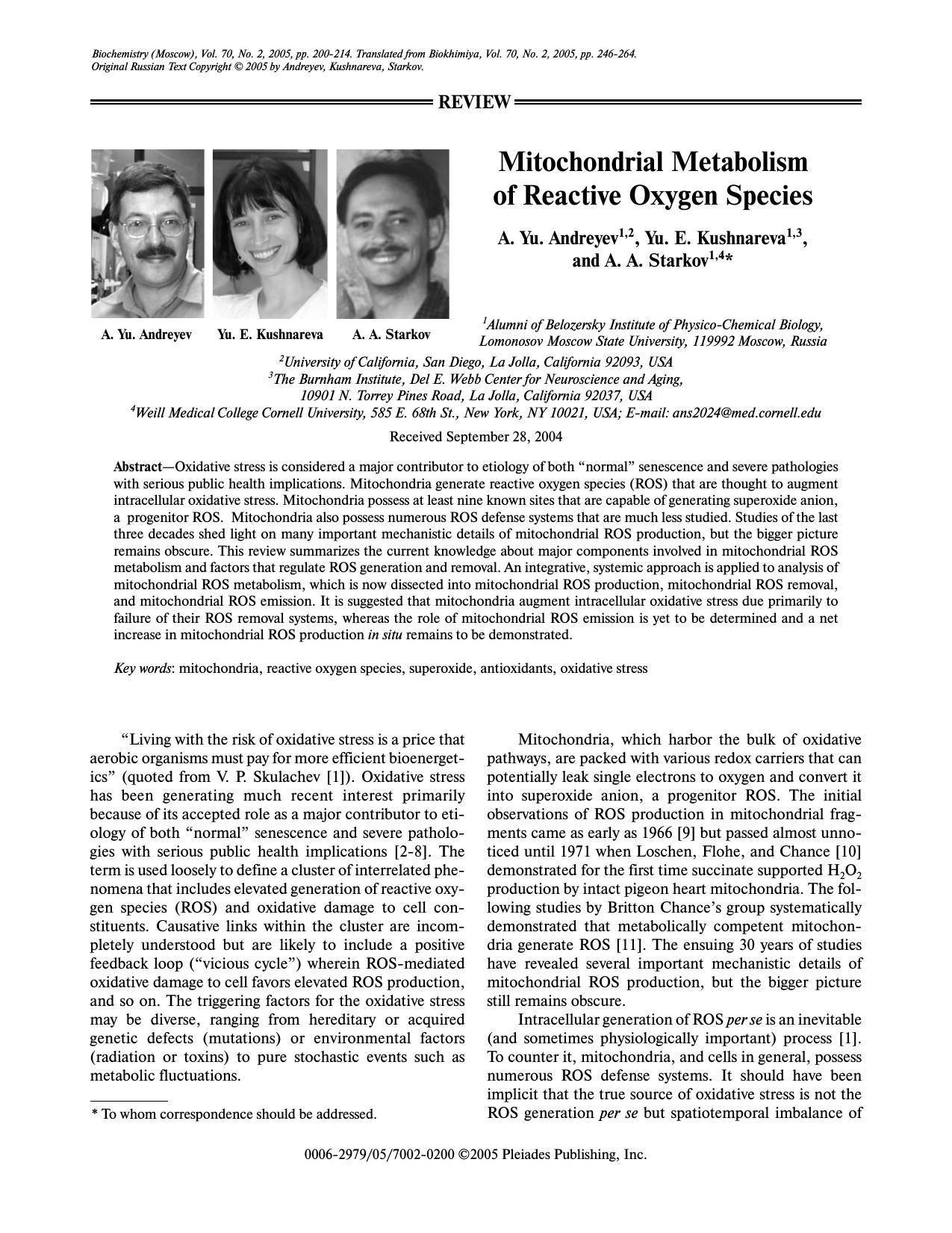 Mitochondrial metabolism of reactive oxygen species by Unknown