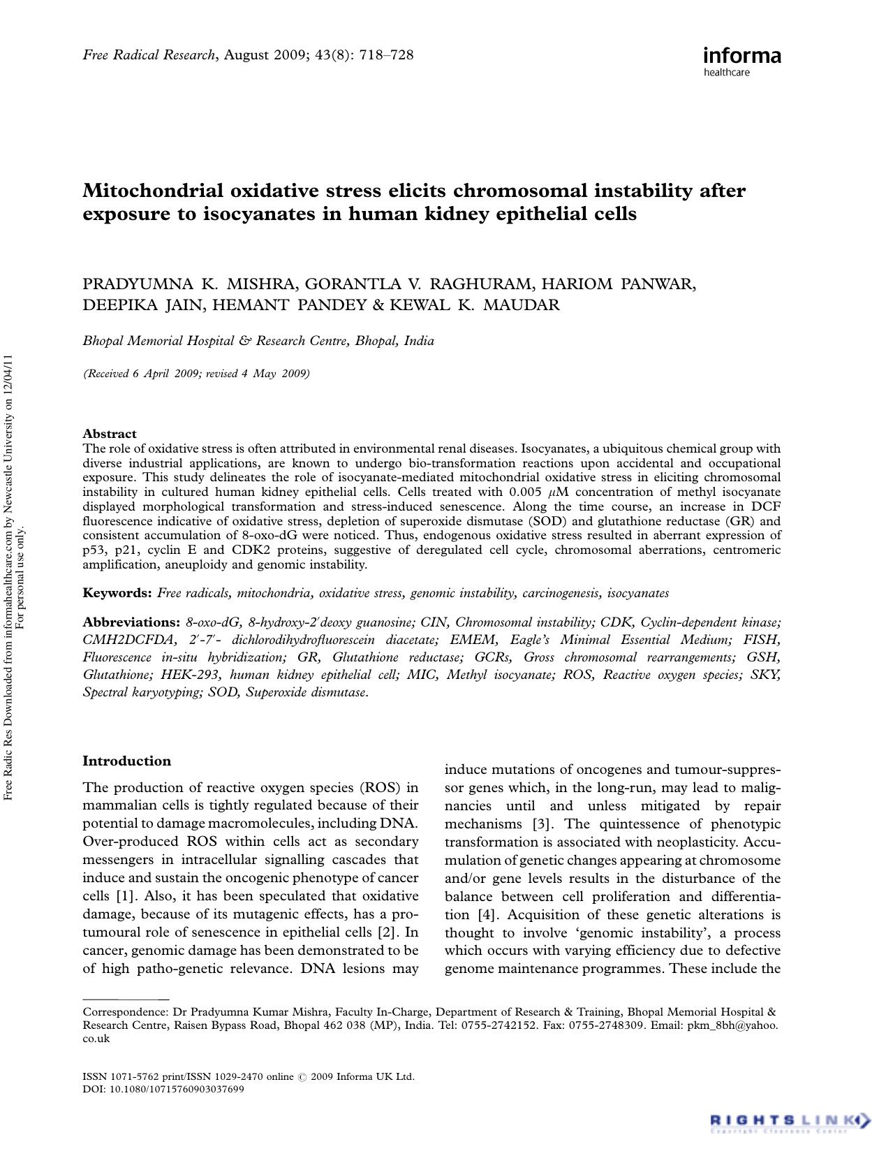 Mitochondrial oxidative stress elicits chromosomal instability after exposure to isocyanates in human kidney epithelial cells by unknow