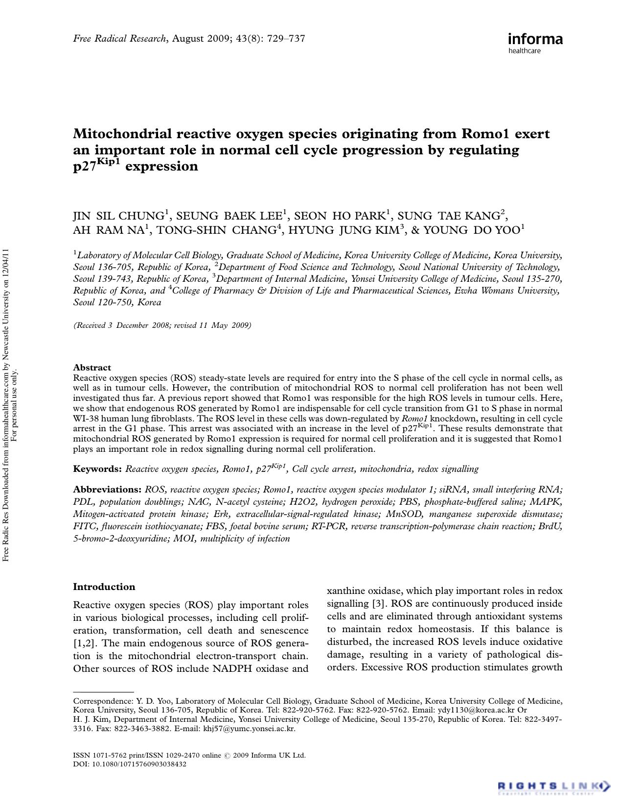 Mitochondrial reactive oxygen species originating from Romo1 exert an important role in normal cell cycle progression by regulating p27Kip1 expression by unknow