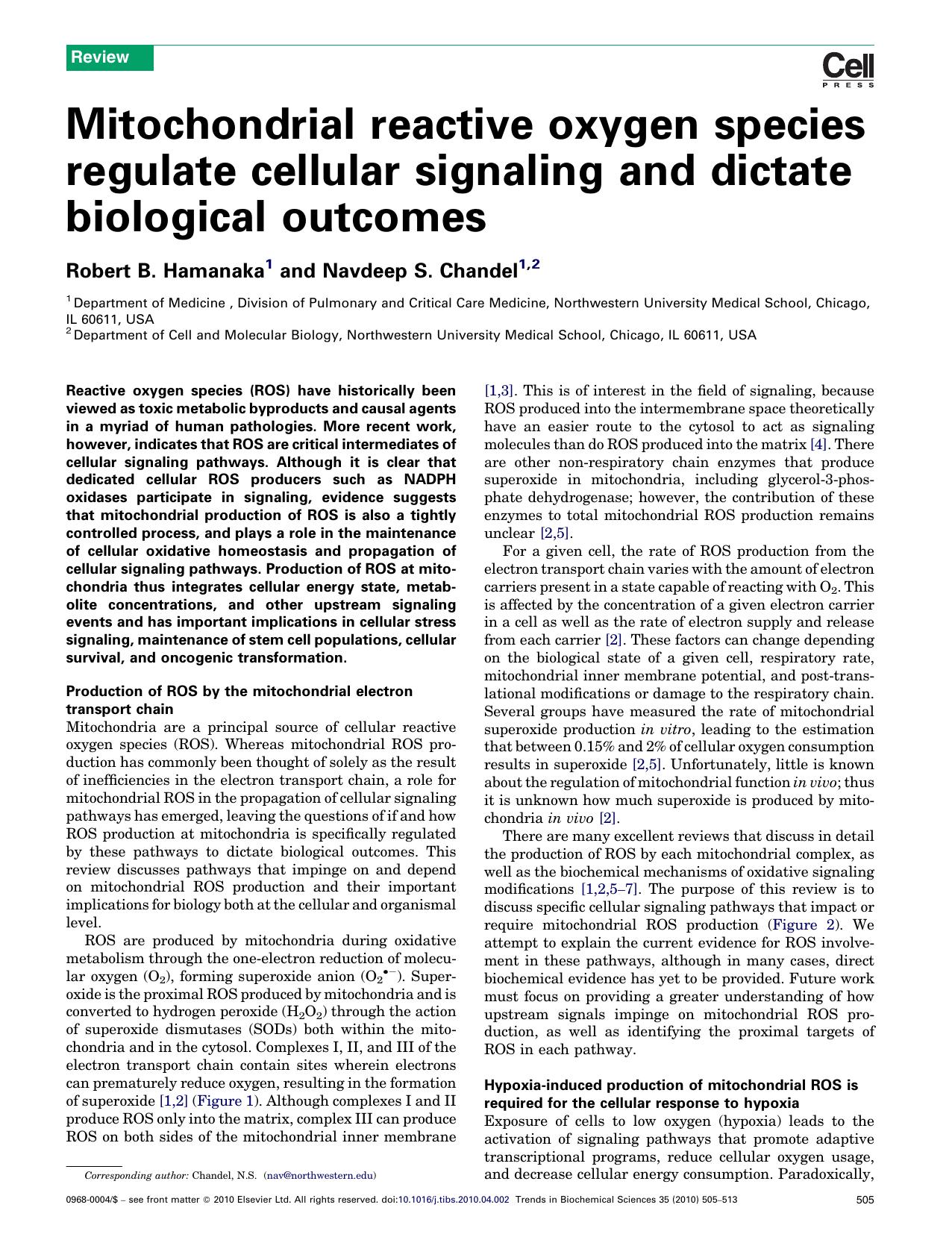 Mitochondrial reactive oxygen species regulate cellular signaling and dictate biological outcomes by Robert B. Hamanaka