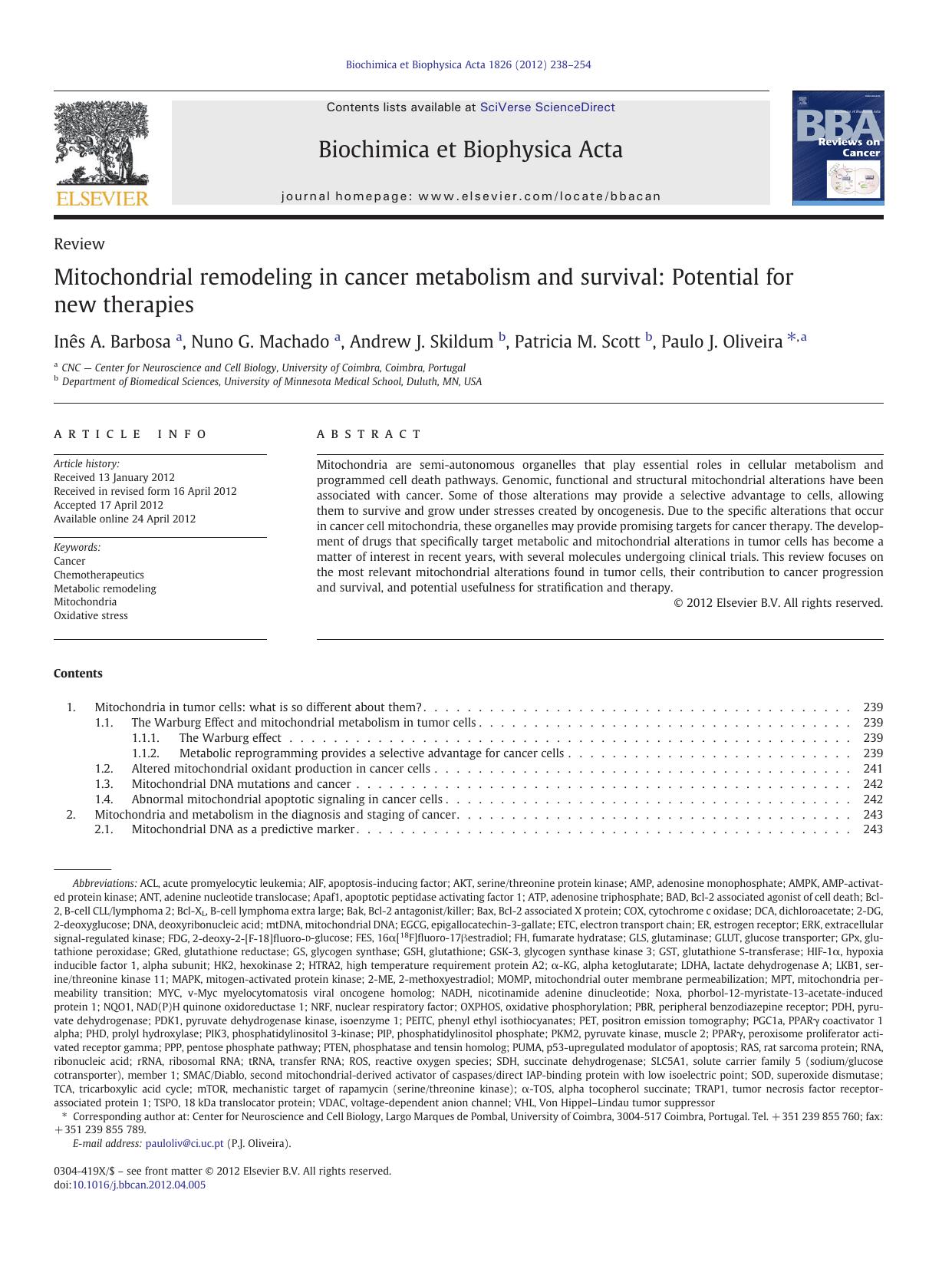 Mitochondrial remodeling in cancer metabolism and survival: Potential for new therapies by Inês A. Barbosa & Nuno G. Machado & Andrew J. Skildum & Patricia M. Scott & Paulo J. Oliveira