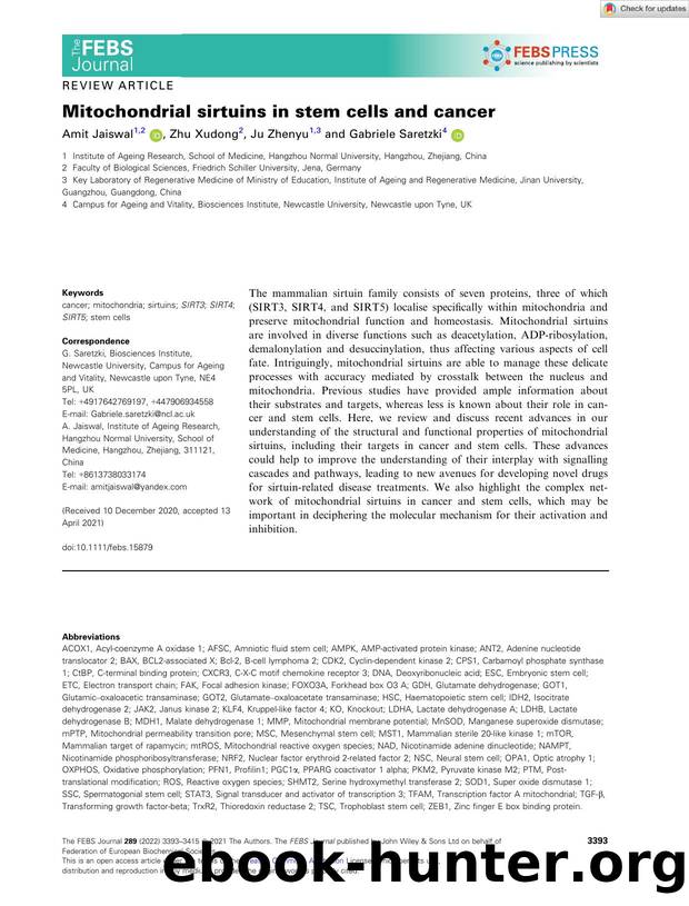 Mitochondrial sirtuins in stem cells and cancer by Unknown
