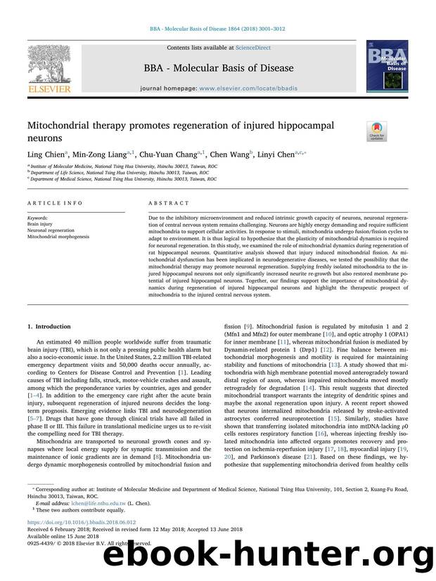 Mitochondrial therapy promotes regeneration of injured hippocampal neurons by Ling Chien & Min-Zong Liang & Chu-Yuan Chang & Chen Wang & Linyi Chen