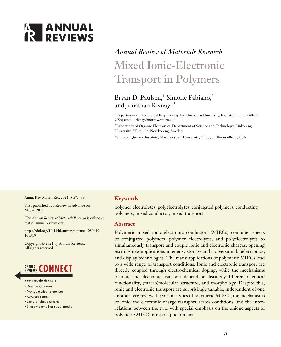 Mixed Ionic-Electronic Transport in Polymers by Bryan D. Paulsen Simone Fabiano Jonathan Rivnay