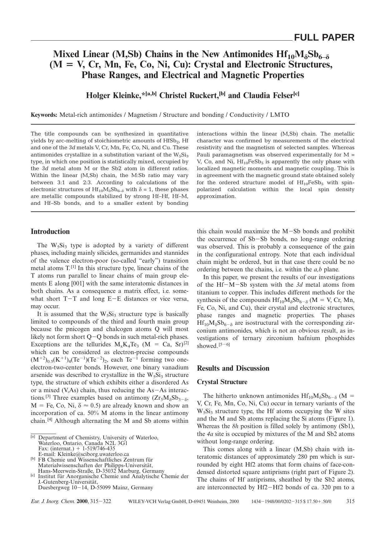 Mixed Linear (M,Sb) Chains in the New Antimonides Hf10M[dgr]Sb6-[dgr] (M [equals] V, Cr, Mn, Fe, Co, Ni, Cu): Crystal and Electronic Structures, Phase Ranges, and Electrical and Magnetic Properties by Unknown
