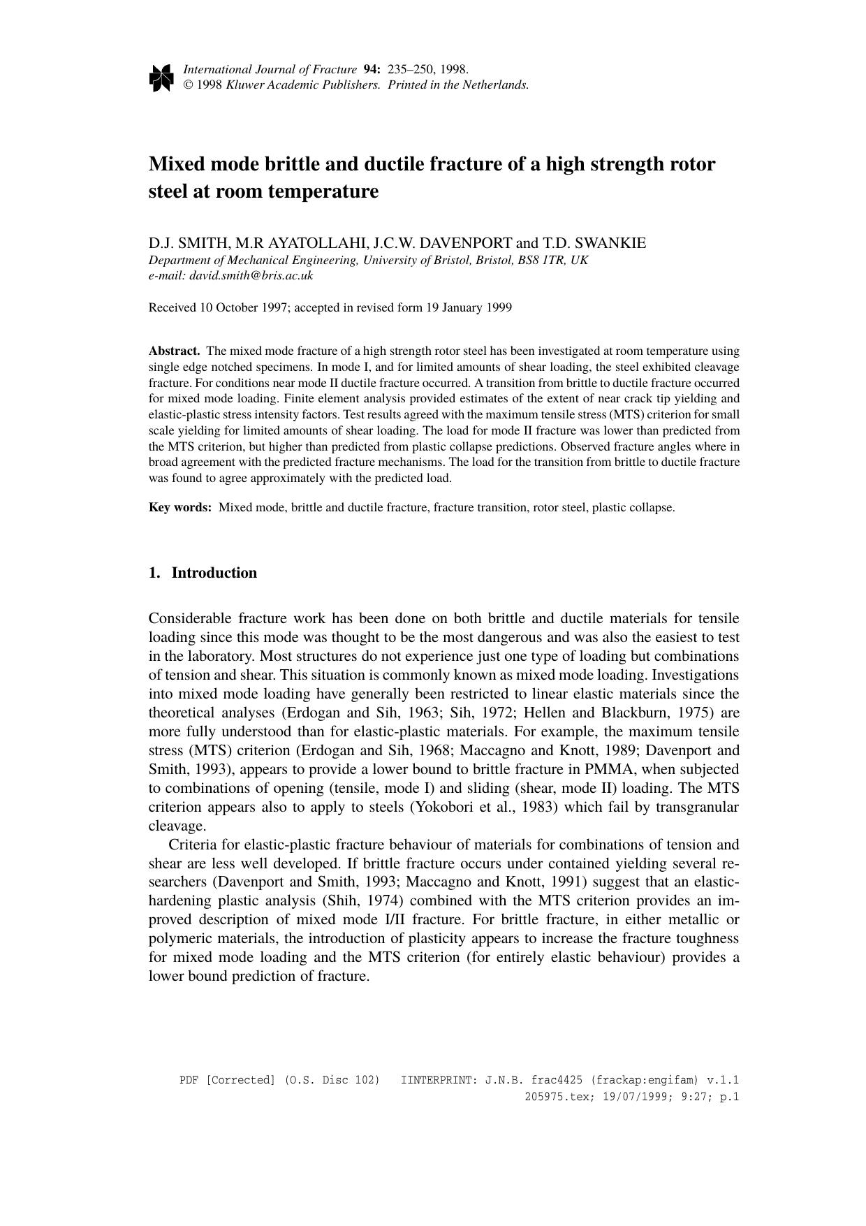 Mixed Mode Brittle and Ductile Fracture of a High Strength Rotor Steel at Room Temperature by Unknown