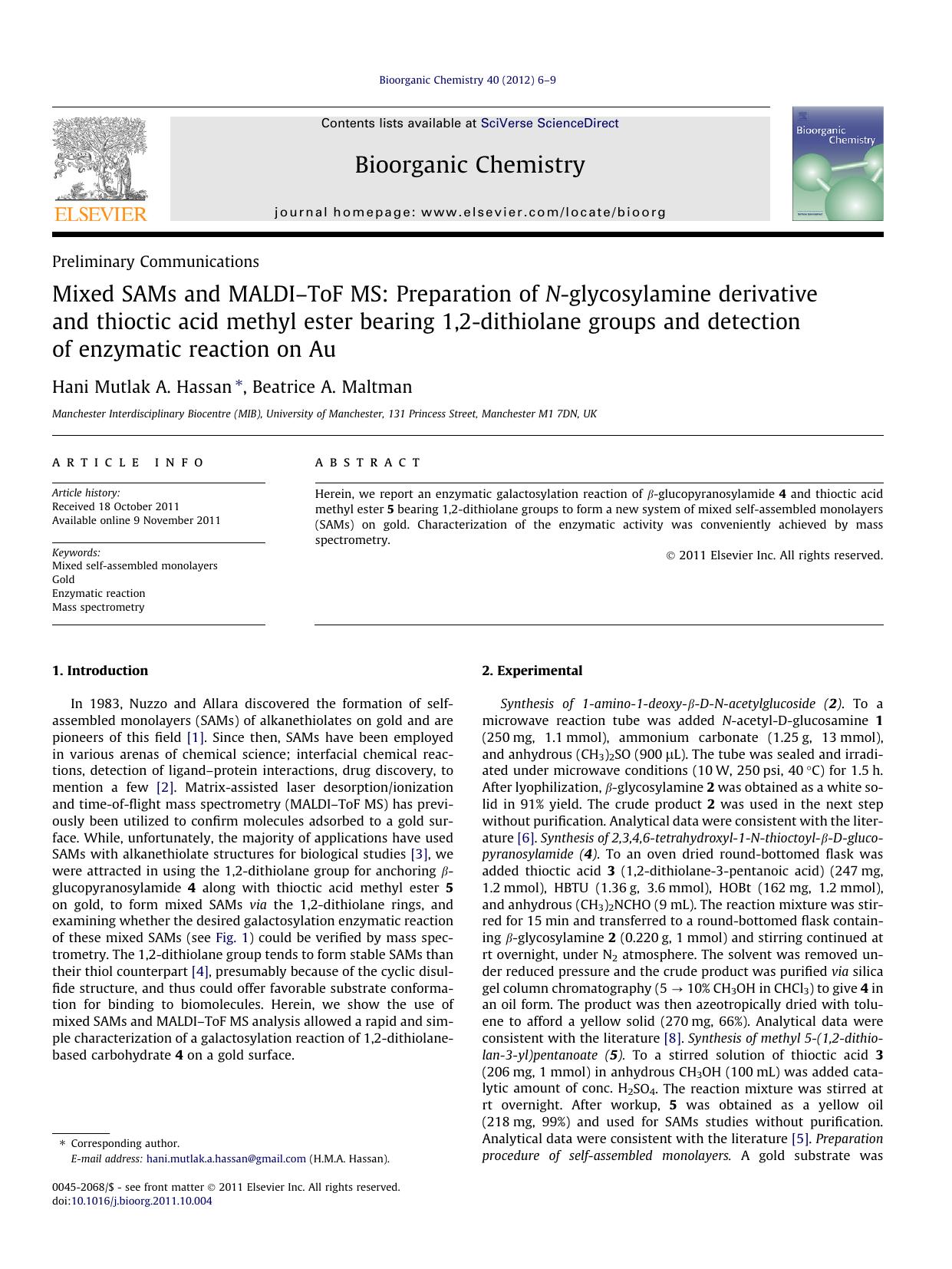 Mixed SAMs and MALDIÃ¢â¬âToF MS: Preparation of N-glycosylamine derivative and thioctic acid methyl ester bearing 1,2-dithiolane groups and detection of enzymatic reaction on Au by Hani Mutlak A. Hassan & Beatrice A. Maltman