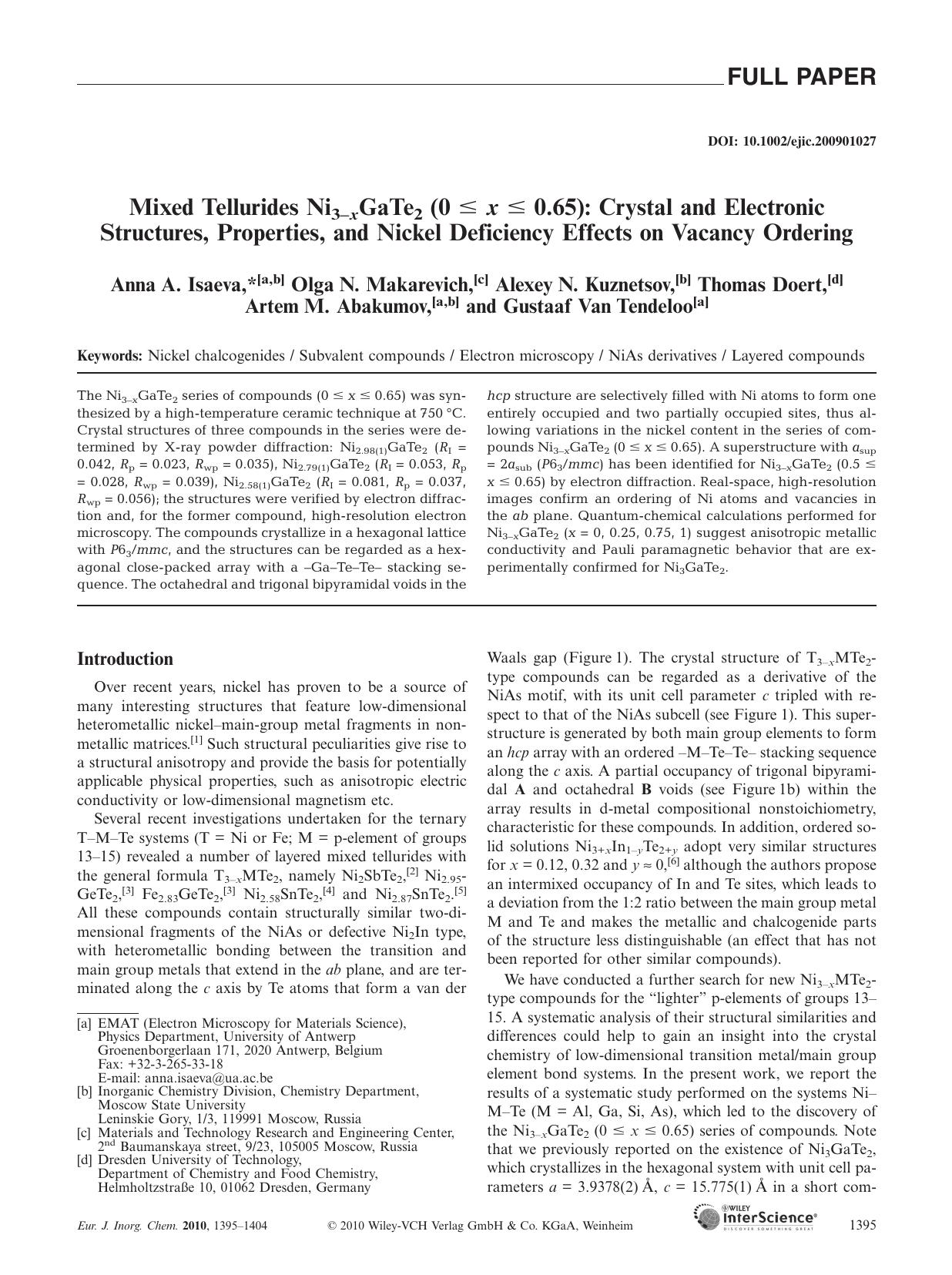 Mixed Tellurides Ni3-xGaTe2 (0 [le] x [le] 0.65): Crystal and Electronic Structures, Properties, and Nickel Deficiency Effects on Vacancy Ordering by Unknown
