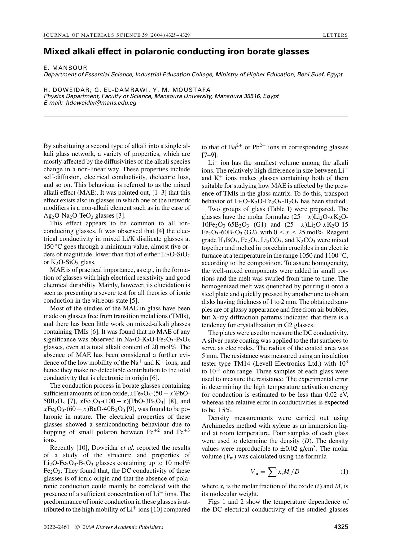 Mixed alkali effect in polaronic conducting iron borate glasses by Unknown
