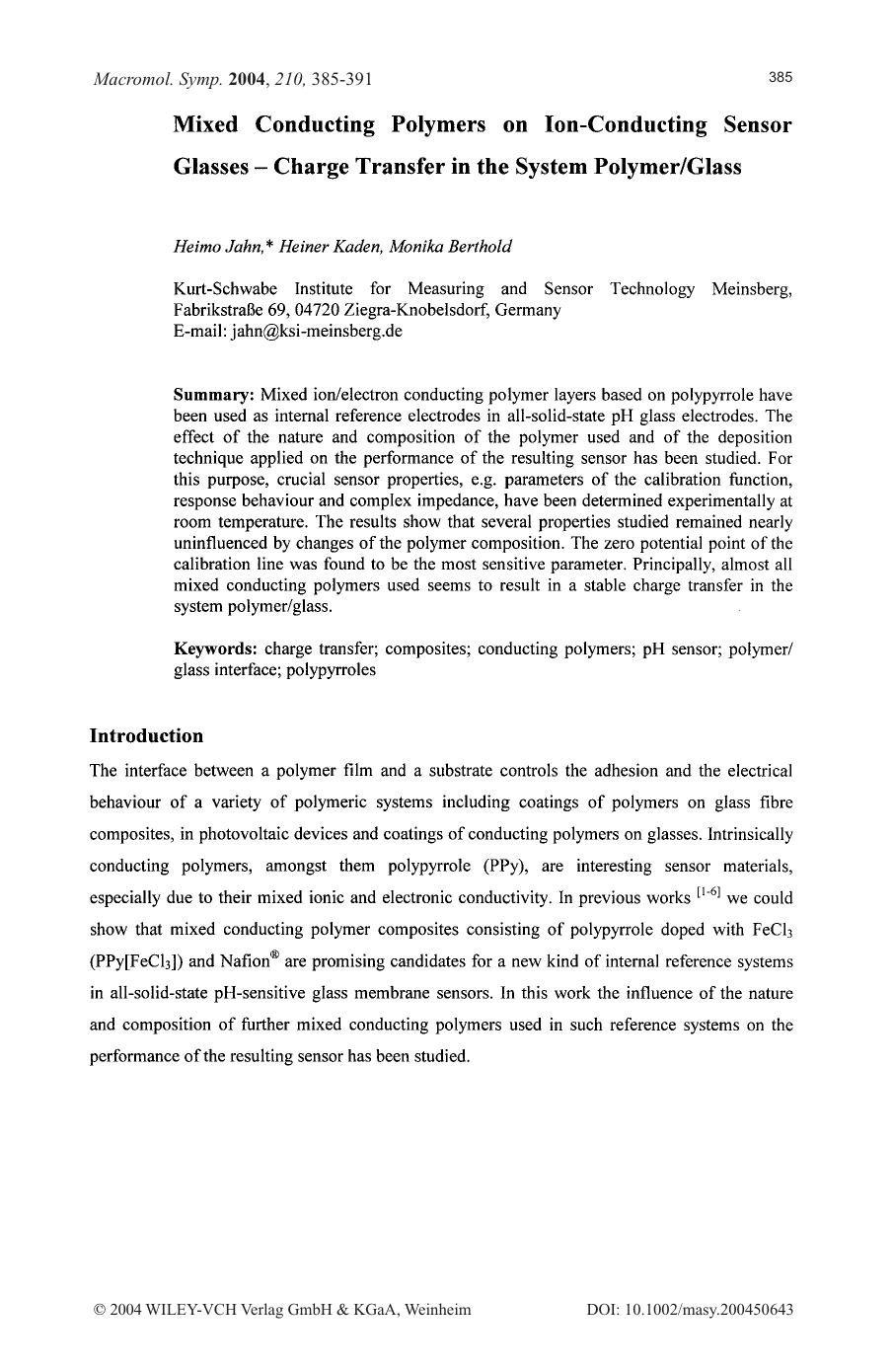 Mixed conducting polymers on ion-conducting sensor glasses - charge transfer in the system polymerglass by Unknown