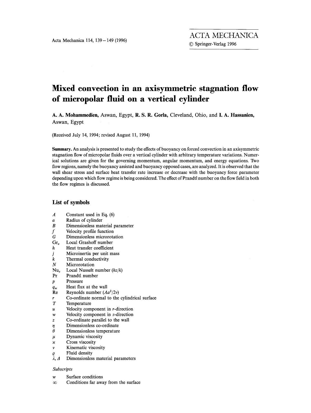 Mixed convection in an axisymmetric stagnation flow of micropolar fluid on a vertical cylinder by Unknown
