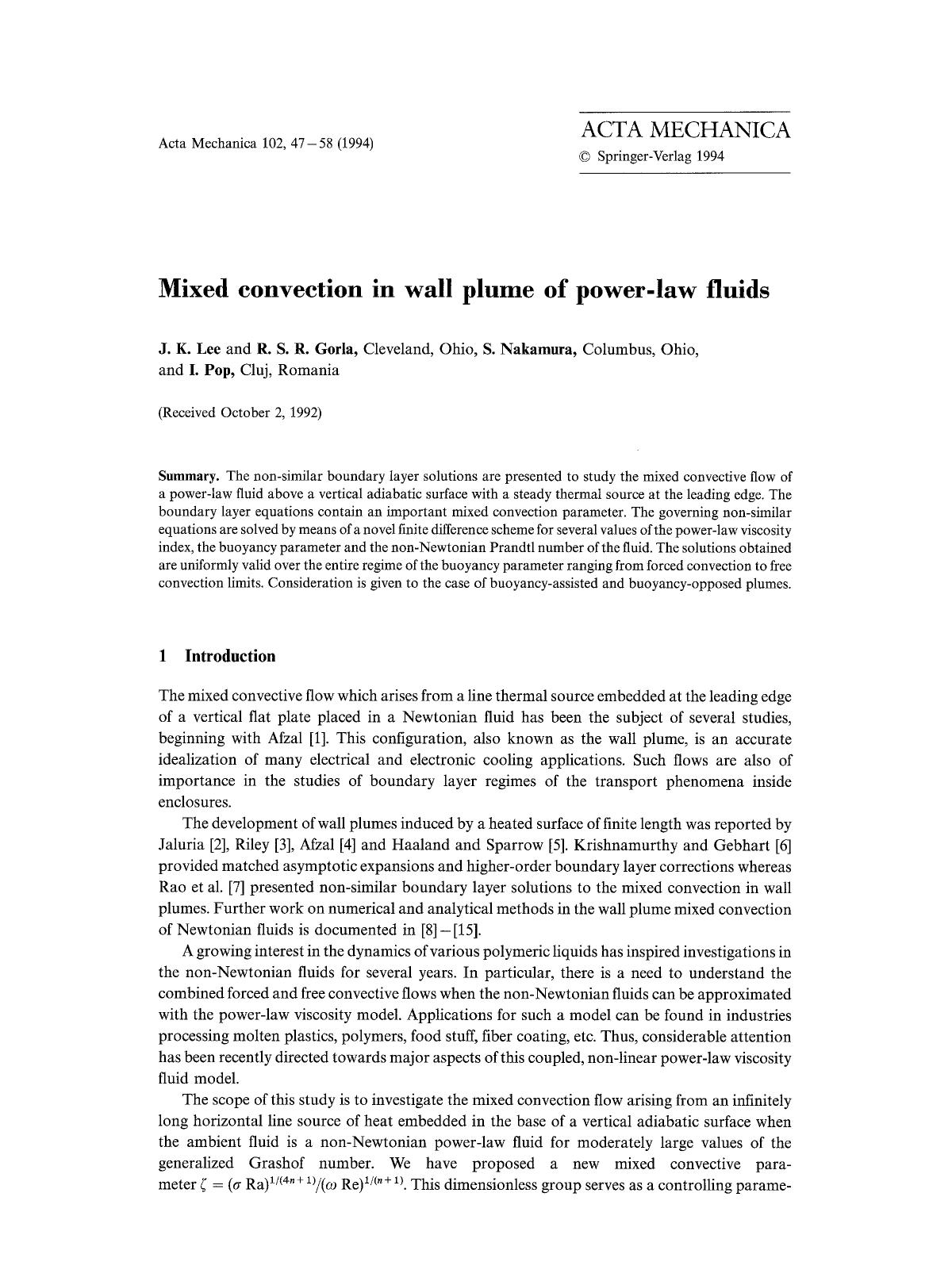 Mixed convection in wall plume of power-law fluids by Unknown