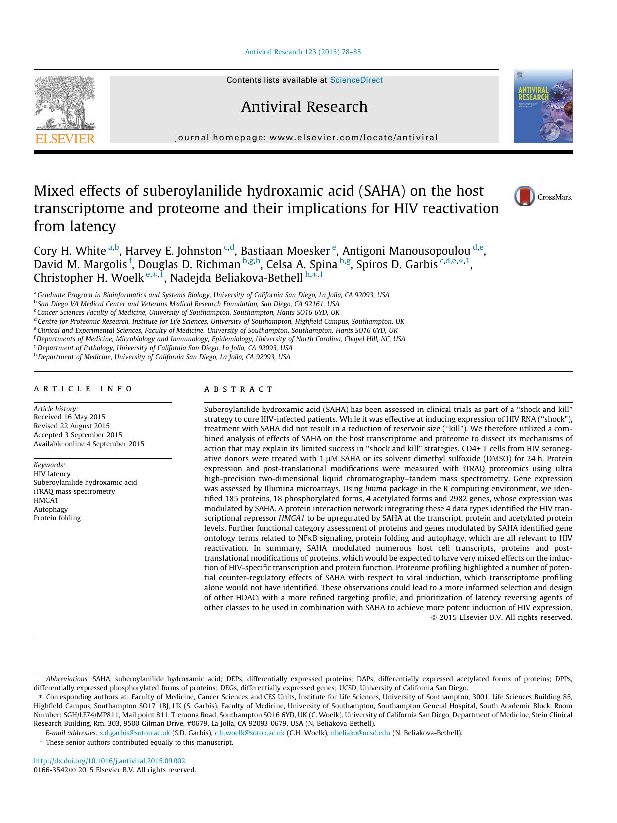 Mixed effects of suberoylanilide hydroxamic acid (SAHA) on the host transcriptome and proteome and their implications for HIV reactivation from latency by unknow