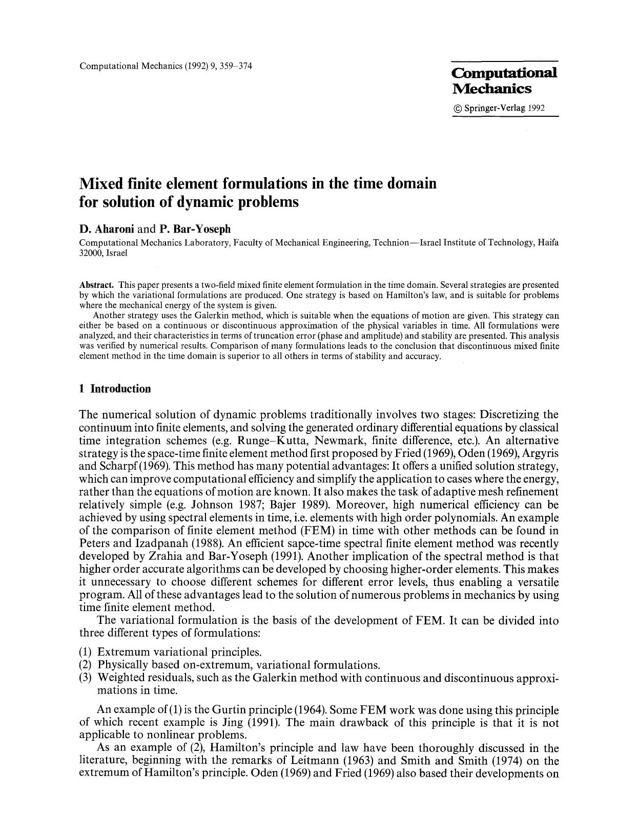 Mixed finite element formulations in the time domain for solution of dynamic problems by Unknown