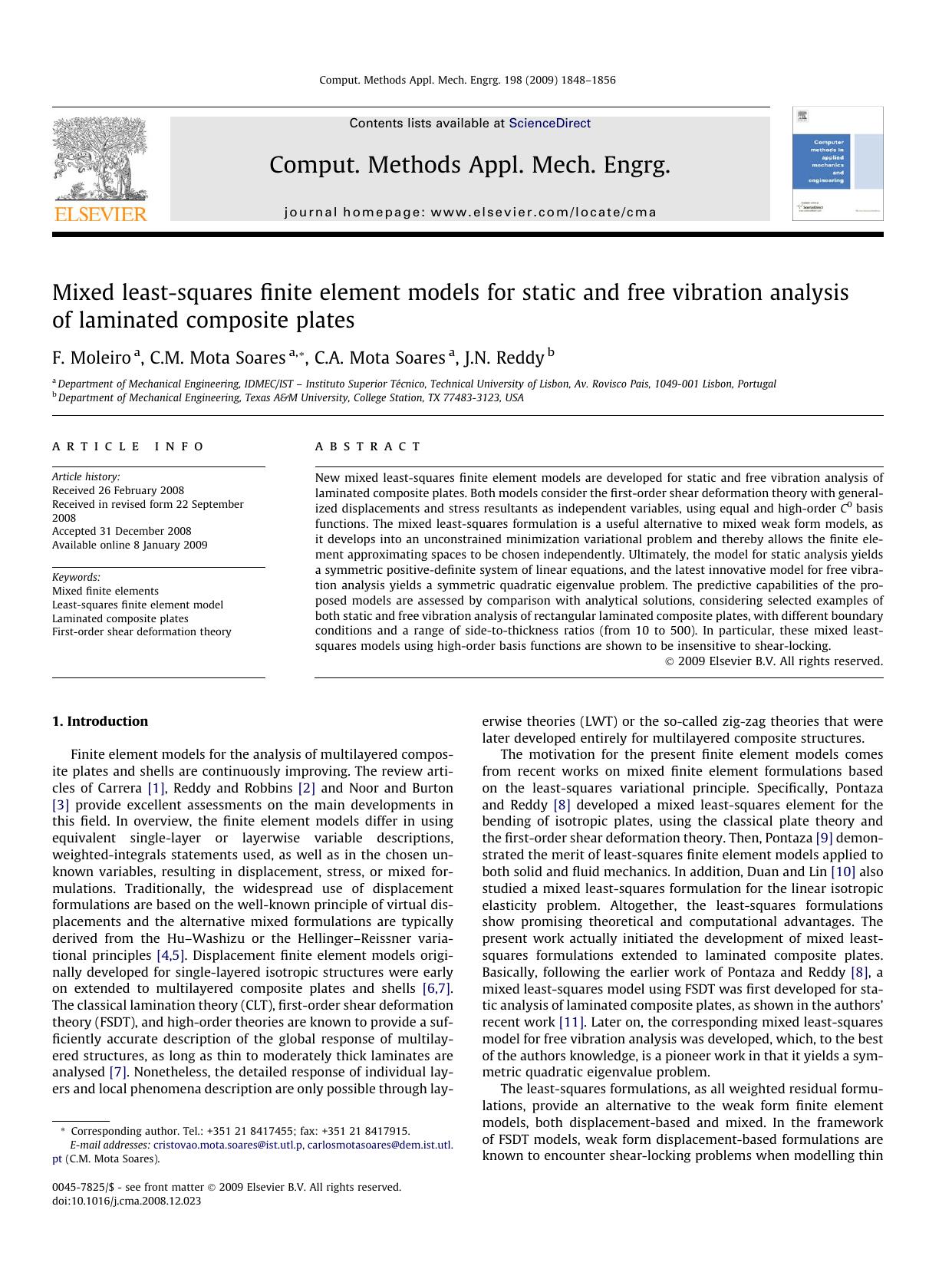 Mixed least-squares finite element models for static and free vibration analysis of laminated composite plates by F. Moleiro; C.M. Mota Soares; C.A. Mota Soares; J.N. Reddy