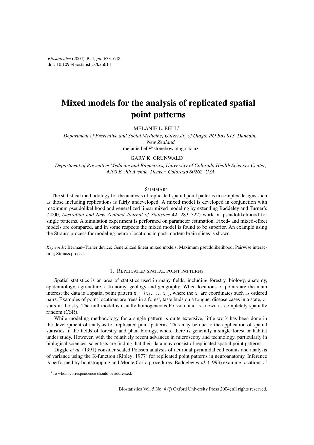 Mixed models for the analysis of replicated spatial point patterns by Bell M.L
