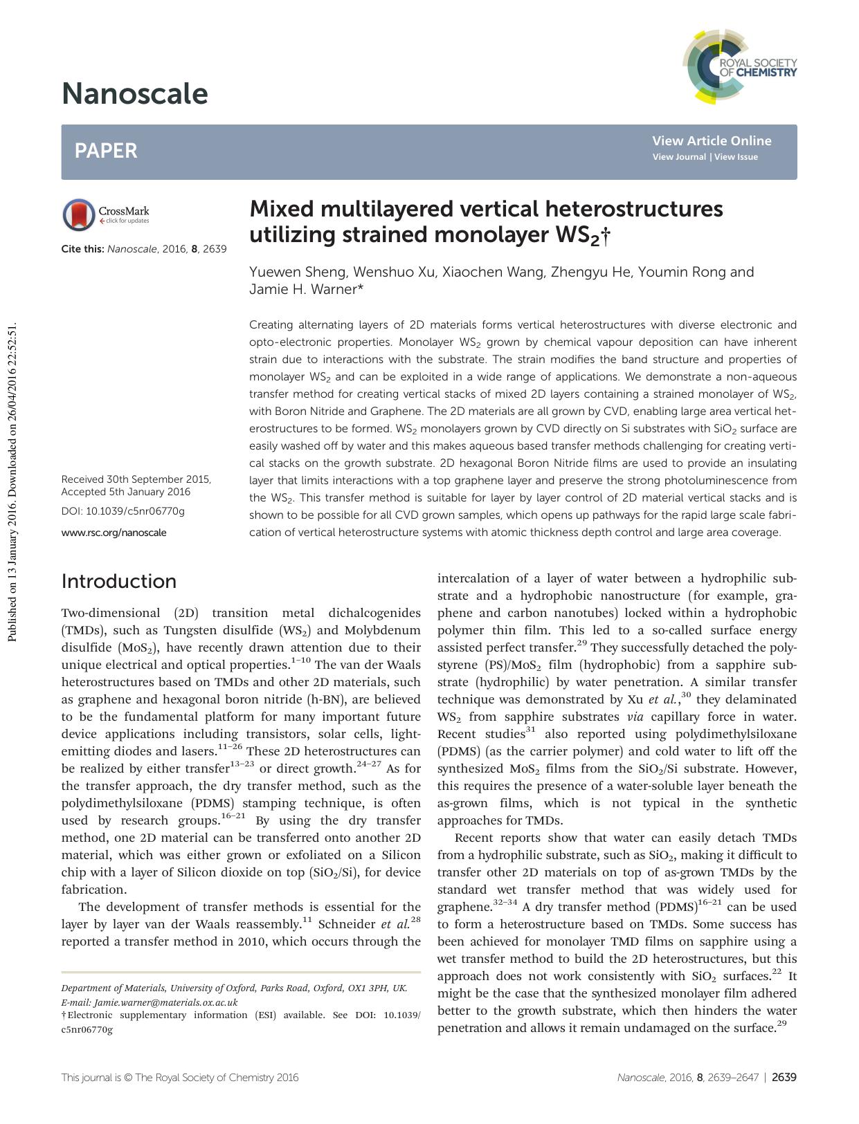 Mixed multilayered vertical heterostructures utilizing strained monolayer WS2 by Yuewen Sheng Wenshuo Xu Xiaochen Wang Zhengyu He Youmin Rong Jamie H. Warner