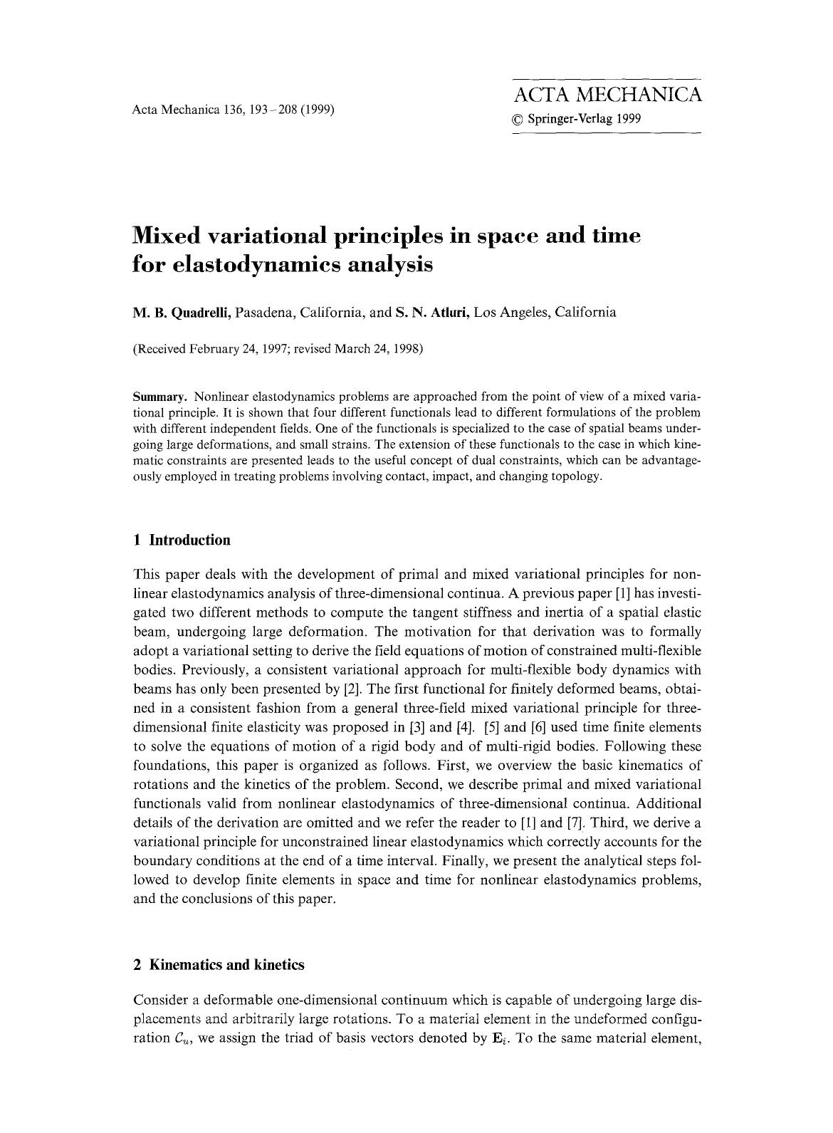 Mixed variational principles in space and time for elastodynamics analysis by Unknown