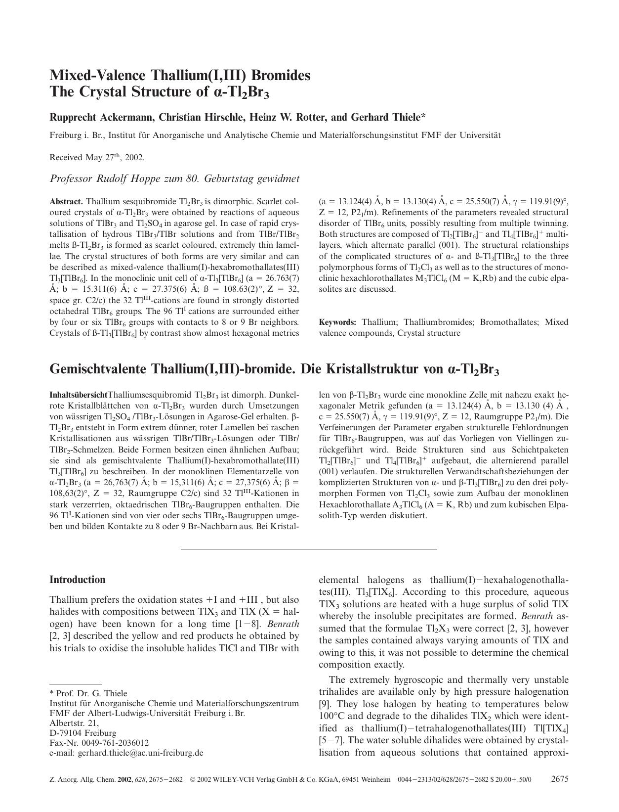 Mixed-Valence Thallium(I, III) Bromides The Crystal Structure of [alpha]-Tl2Br3 by Unknown