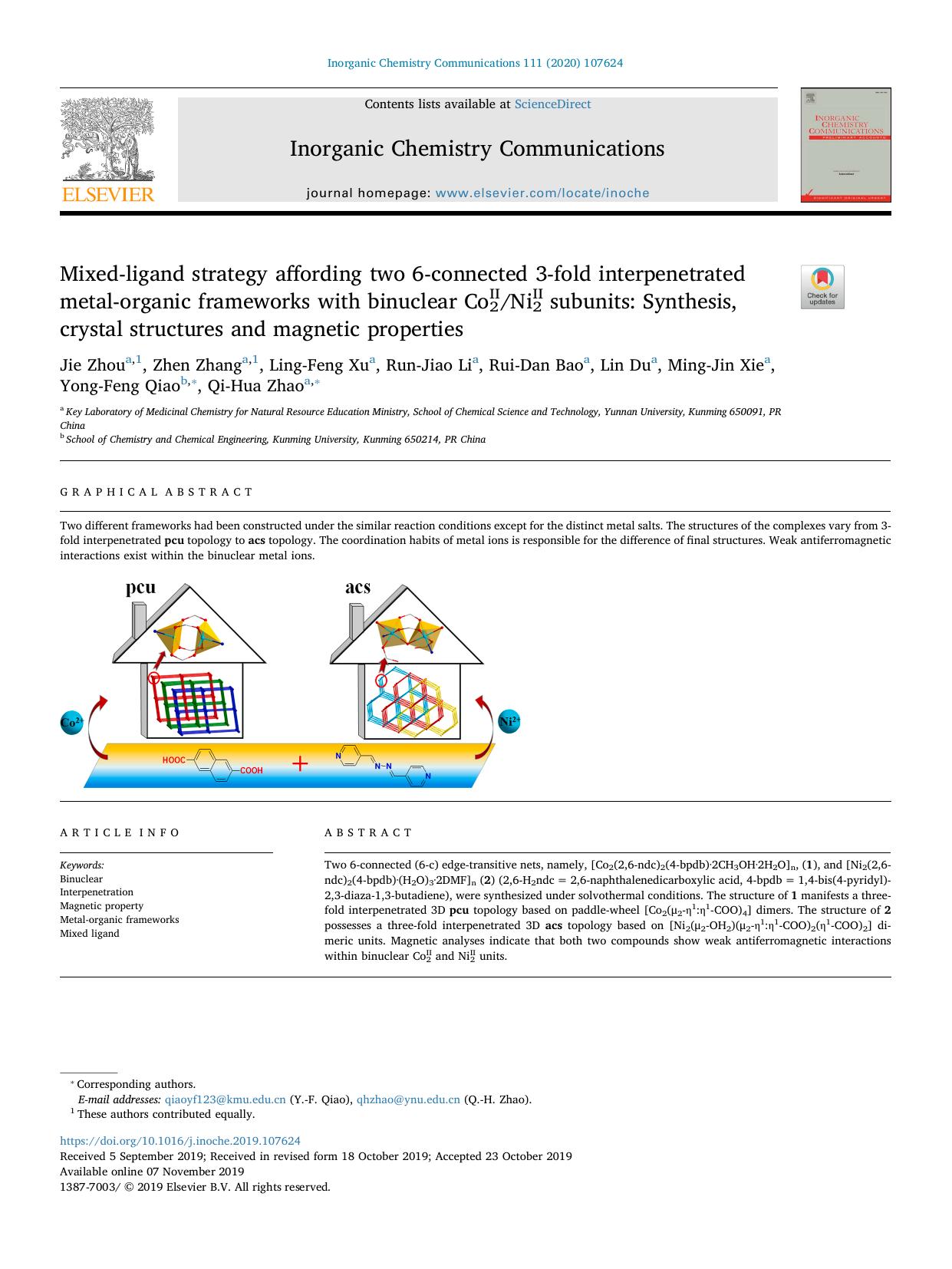 Mixed-ligand strategy affording two 6-connected 3-fold interpenetrated metal-organic frameworks with binuclear CoII2NiII2 subunits_ Synthesis, crystal structures and magnetic properties by unknow
