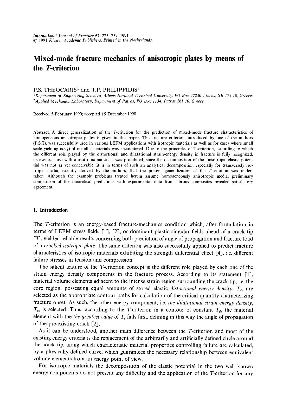 Mixed-mode fracture mechanics of anisotropic plates by means of the <Emphasis Type="Italic">T <Emphasis>-criterion by Unknown