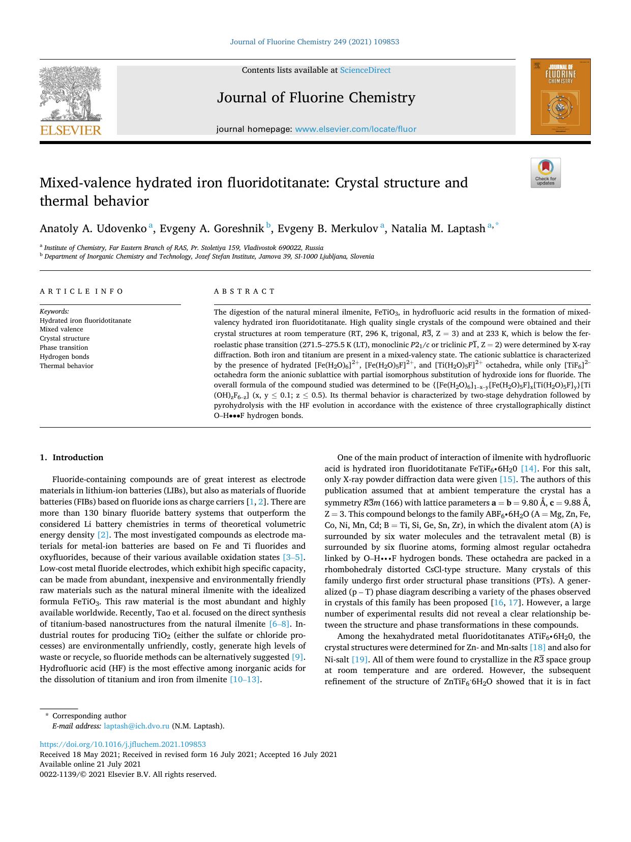 Mixed-valence hydrated iron fluoridotitanate: Crystal structure and thermal behavior by Anatoly A. Udovenko & Evgeny A. Goreshnik & Evgeny B. Merkulov & Natalia M. Laptash