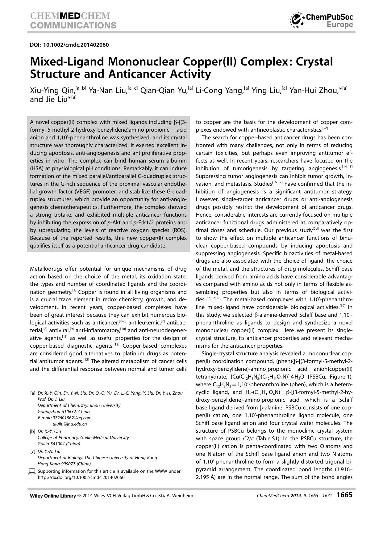 MixedLigand Mononuclear Copper(II) Complex: Crystal Structure and Anticancer Activity by Unknown