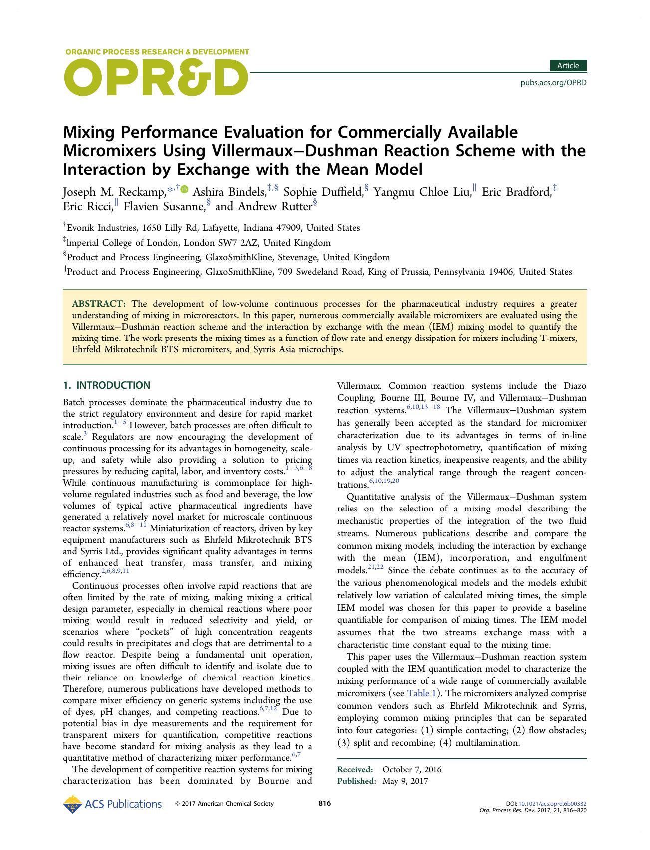 Mixing Performance Evaluation for Commercially Available Micromixers Using VillermauxâDushman Reaction Scheme with the Interaction by Exchange with the Mean Model by unknow