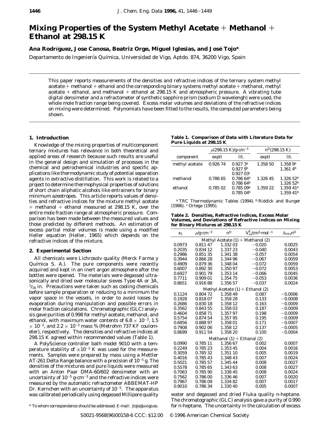 Mixing Properties of the System Methyl Acetate + Methanol + Ethanol at 298.15 K by Ana Rodriguez Jose Canosa Beatriz Orge Miguel Iglesias and Jose Tojo*